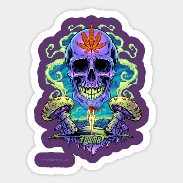 Purple Cannabis Skull with Mushrooms Sticker by FlylandDesigns